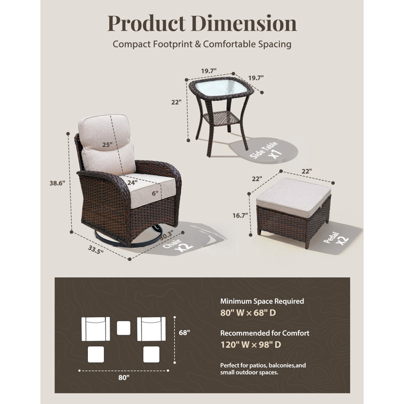 Ensemble de meubles de patio avec coussins de luxe de 6 po, 5 chaises pivotantes à haut dossier pivotant et repose-pieds, ensemble de conversation en osier pour terrasse, porche, cour, bord de piscine, beige