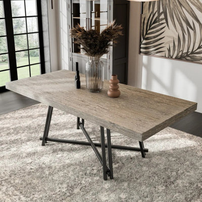 Rectangular Wooden Dining Table With Metal Trestle Base In Black And Light Grey