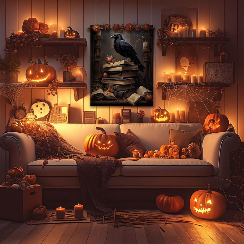ART Halloween Wall Decor Creepy Witchy Bat Canvas Poster Book Retro Pumpkin Print Painting Gothic Retro Decor Aesthetic for Halloween Room Family Bedroom Decor 8x10inch