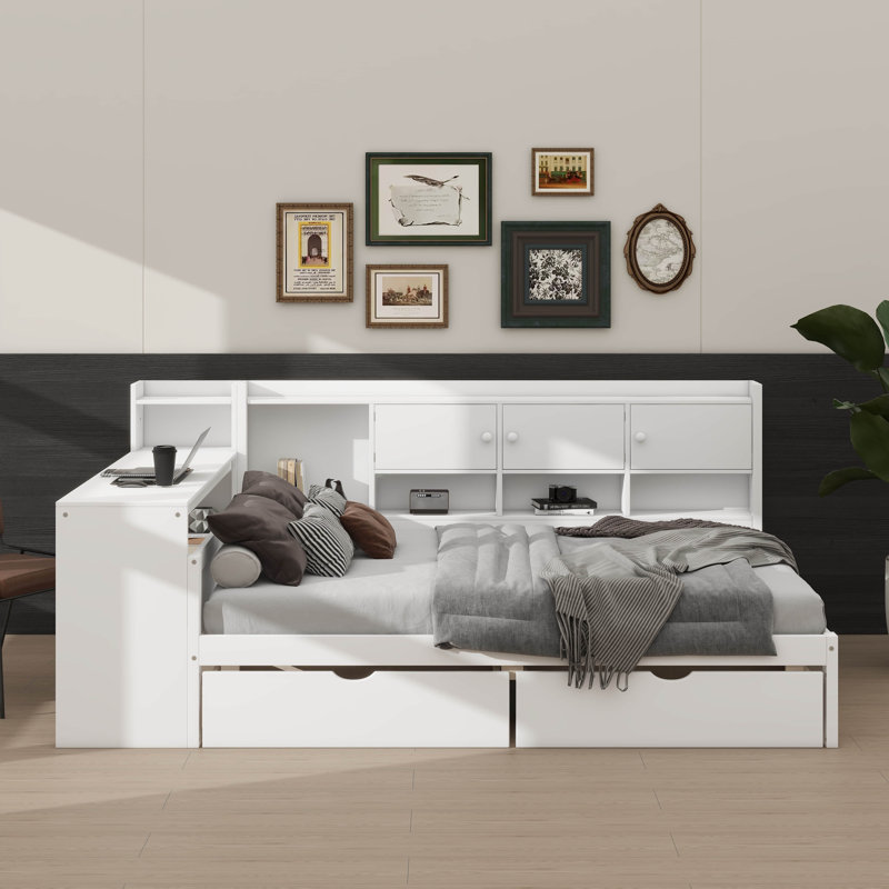 Full-Size Wooden L-Shaped Daybed With Seven Storage Spaces And Two Drawers, Multi-Functional Bed With Built-In Study Desk And Bookshelf