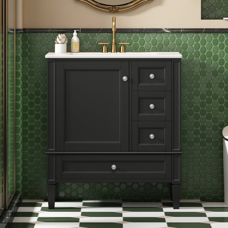 Meuble-lavabo moderne 30 po avec lavabo en céramique - armoire noire 3 tiroirs et comptoir à surface lisse Easy, Noir