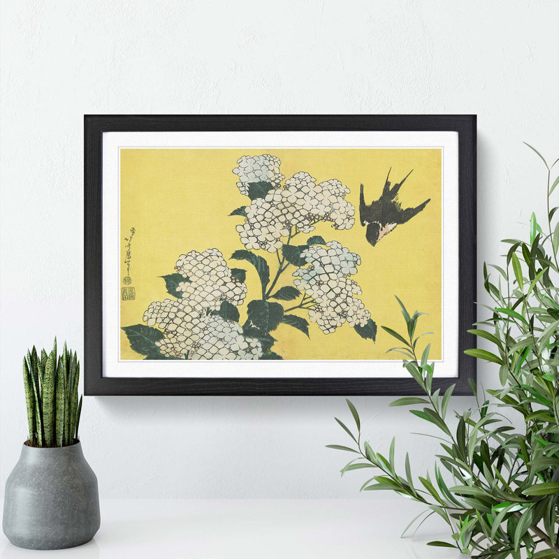 Hydrangeas and Swallow by Katsushika Hokusai - Picture Frame Painting Print, 27cm H x 36cm W x 2cm D, Black Framed