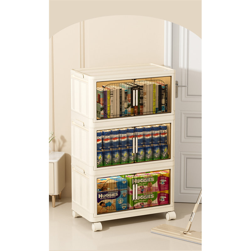Side Wide Folding Storage Cabinet, Cream White/Clear, 50" H x 19.69" L x 11.81" D