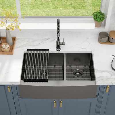 36 Inch Farmhouse Double Bowl Stainless Steel Kitchen Sink Gunmetal Black Farm Sink 60/40 Sink