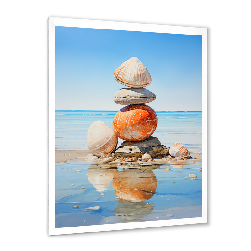 Caberfae Minimalist Beach Shells Tower I - reproduction sur toile, H 32 po x l 16 po x P 1 po, Cadre photo blanc