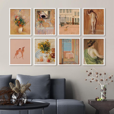 Salle de bain, paysage pastel, fleurs, portrait de femme, vintage bohémien