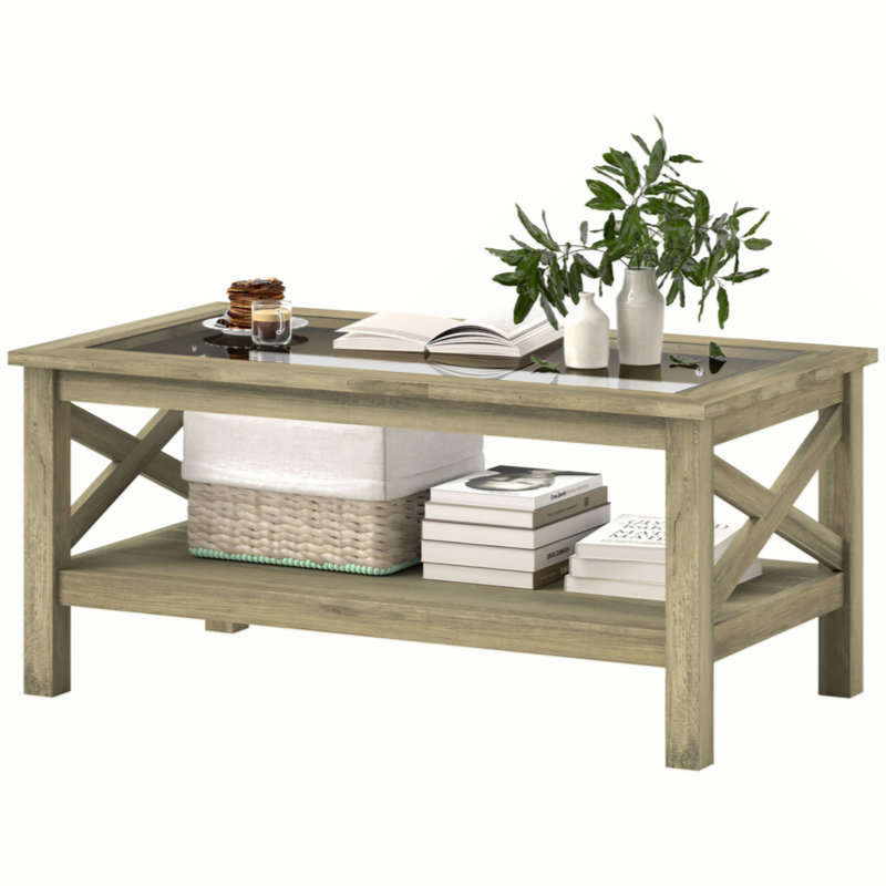 Gray Wood and Glass Coffee Table with Storage Shelf