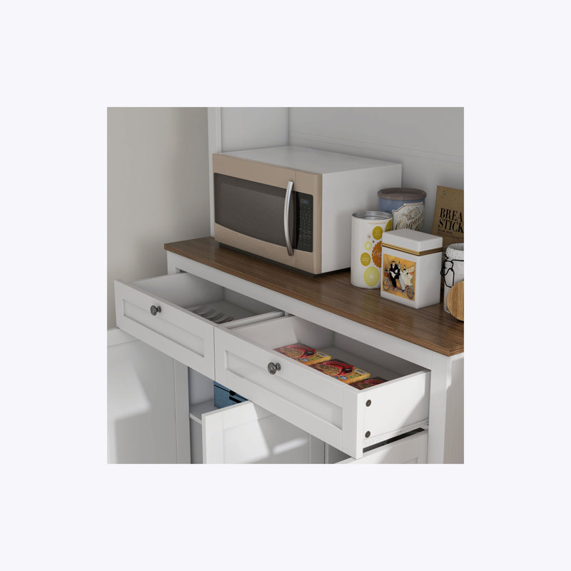 Armoire de cuisine avec comptoir pour micro-ondes, tiroirs et tablettes réglables