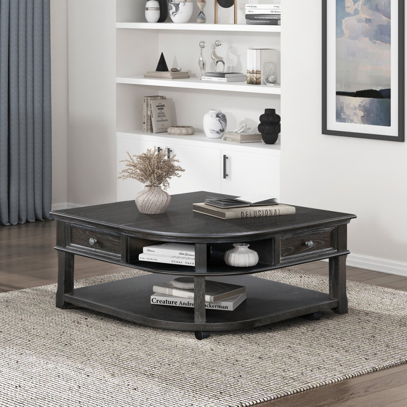 Table basse Tiroir de rangement avec plateau relevable et tablettes ouvertes Finition gris anthracite Nouveau style