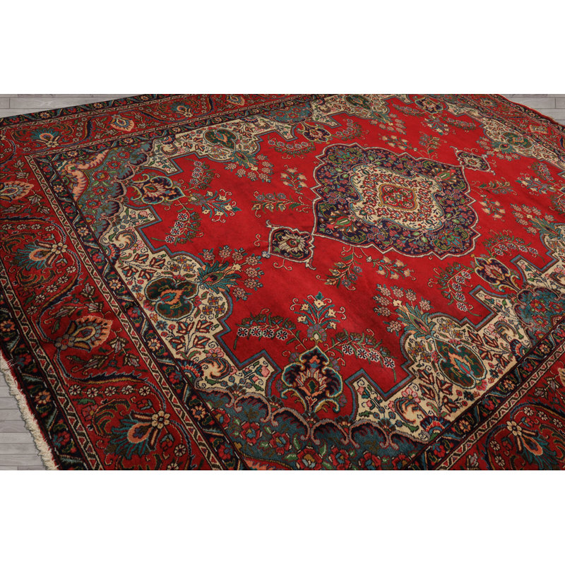 Tapis traditionnel rouge en laine noué à la main 9 pi 7 po x 12 pi 7 po Tabarij
