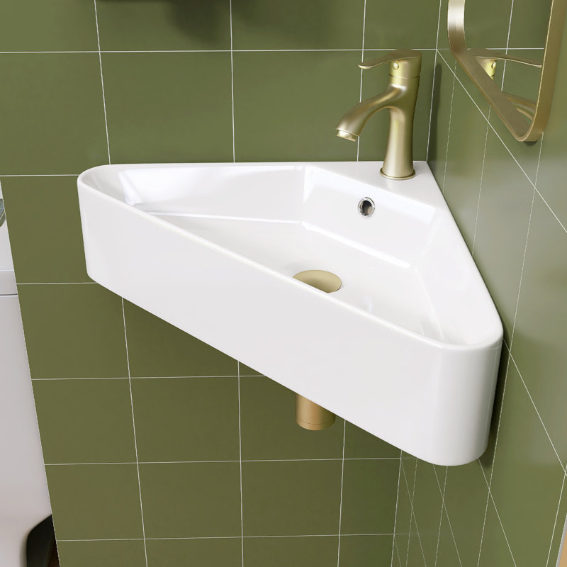 Petit lavabo de coin 22 po - Lavabo vasque mural en céramique en porcelaine blanche triangulaire, au-dessus du comptoir avec trou de robinet simple et trop-plein