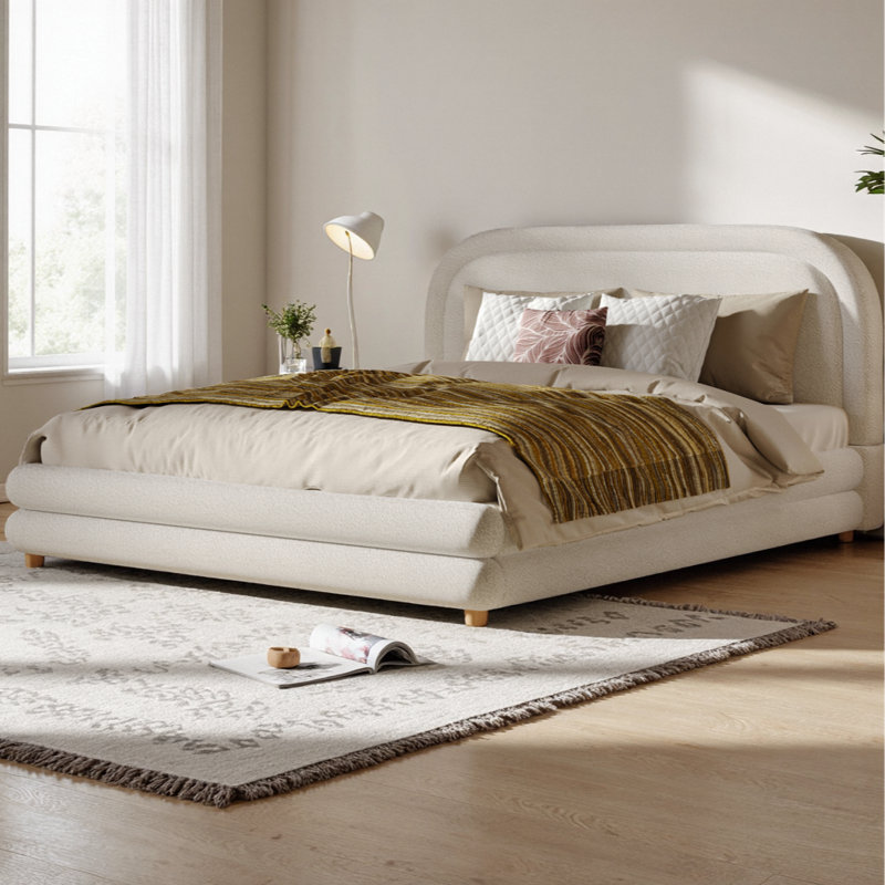 Structure de lit plateforme avec tête de lit courbée rembourrée Boucle, pieds en bois massif, lit blanc élégant au design arqué, capacité de 800 lb, aucun sommier requis, assemblage rapide