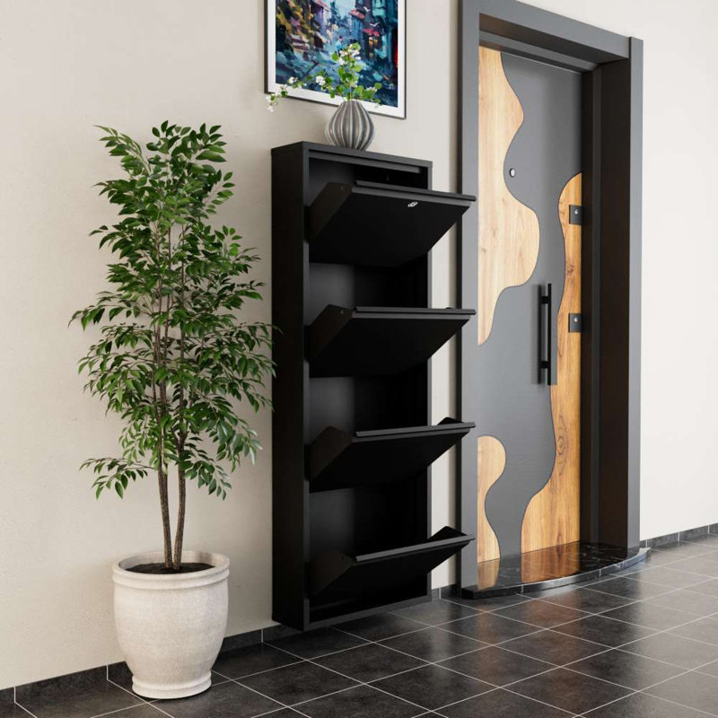 Range-chaussures moderne noir, 100% métal | Épaisseur de 0,7 mm, fixation murale, portes à ouverture centrale avec supports magnétiques | Solution de rangement élégante et peu encombrante pour le vestibule