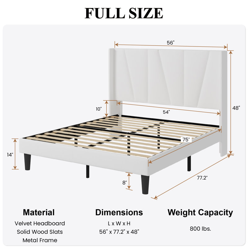 Canuto Upholstered Platform Bed with Wingback Headboard, Full, White