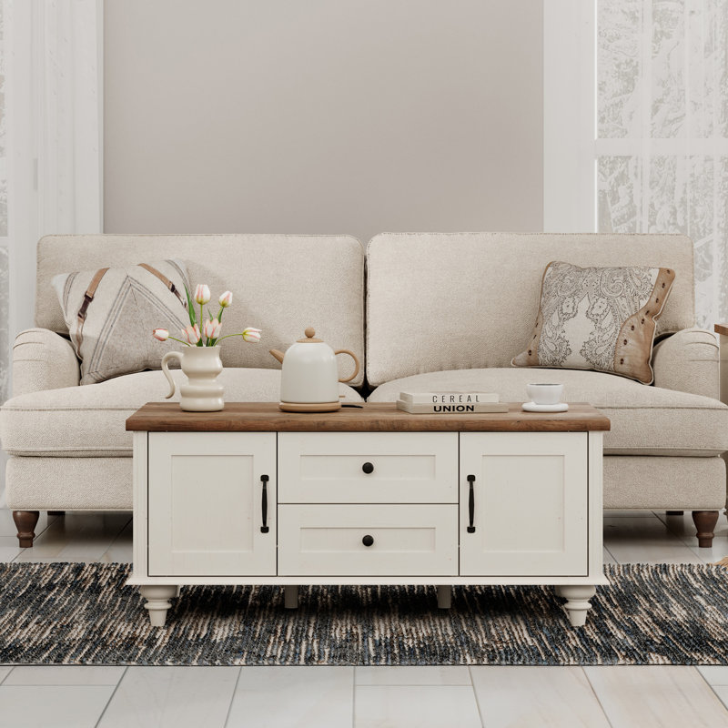 Table basse moderne avec tiroirs et portes de rangement - Table rectangulaire en bois rustique pour le salon, Brun, Blanc