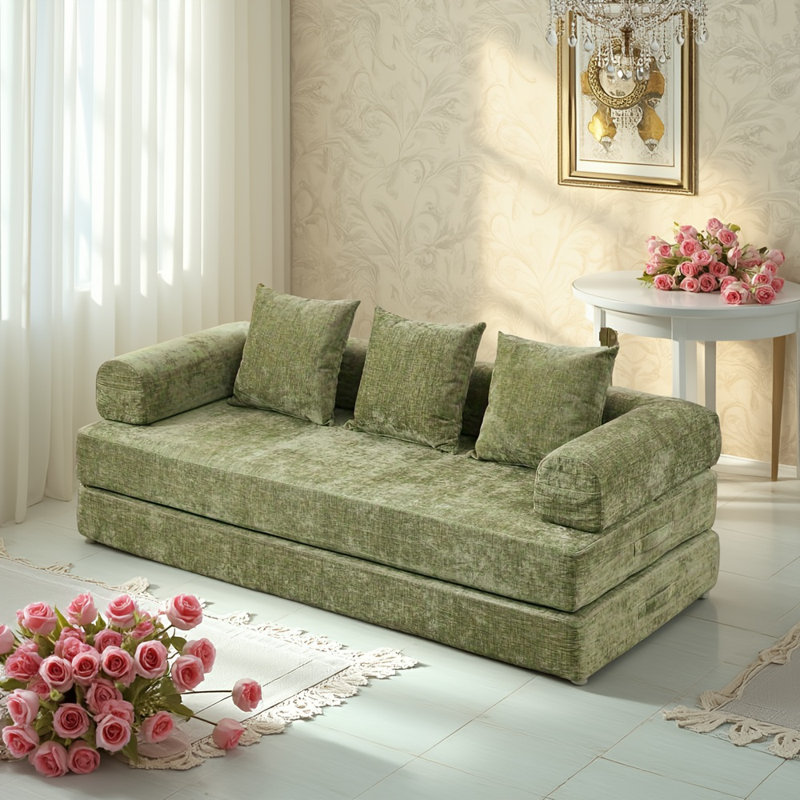 Canapé-lit pliant convertible vert en chenille avec accoudoirs pour le salon, la chambre à coucher, le salon et le studio