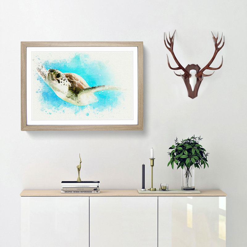 Green Turtle in Abstract - Framed Print, 48cm H x 65cm W x 2cm D, Oak Framed