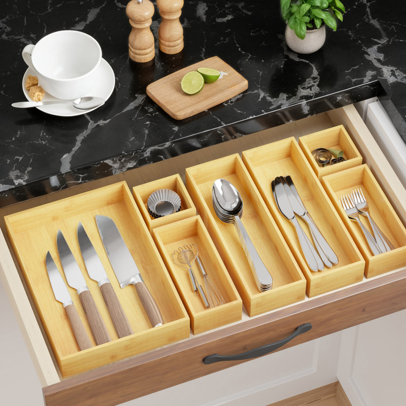 7-Piece Bamboo Drawer Organizer Set, Multi-Use Wood Tray Divider Bins for Kitchen, Bathroom, Office Desk and Makeup Organization