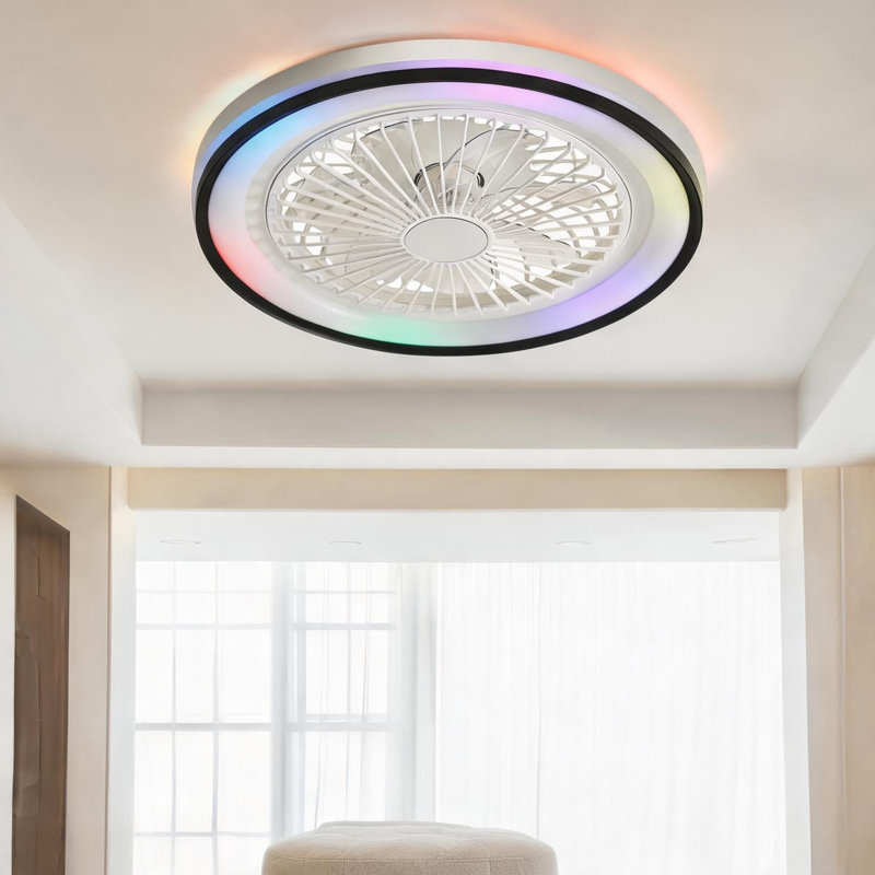 Ventilateur de plafond sans lame avec éclairage à DEL RVB intégré, plafonnier encastré de 19 pouces, ABS blanc doux, télécommande et contrôle d'application, 6 vitesses, pour chambre à coucher ou fête