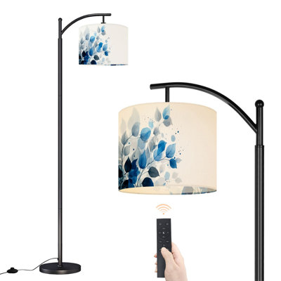 Arc Floor Lamp with Adjustable Lampshade Vintage Botanical Blue Grey Beige Neutral Plant Leaf Boho Standing Lamp 3 Color Temperatures Dimmable Tall Pole Lamp with Foot Switch for Bedroom
