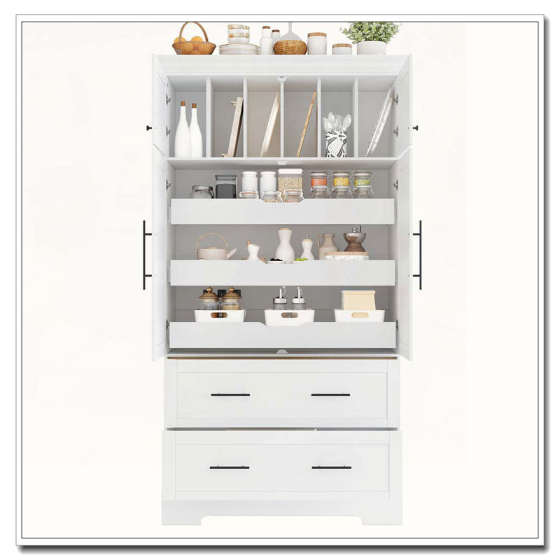Armoire de rangement 72,6 po, 4 portes avec plateaux coulissants, tiroirs et rangement pour moule à gâteau, Blanc
