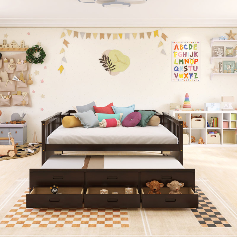 Wood Frame Twin Over Full Size Separable Bunk Bed With Drawers And Twin Size Trundle, Espresso