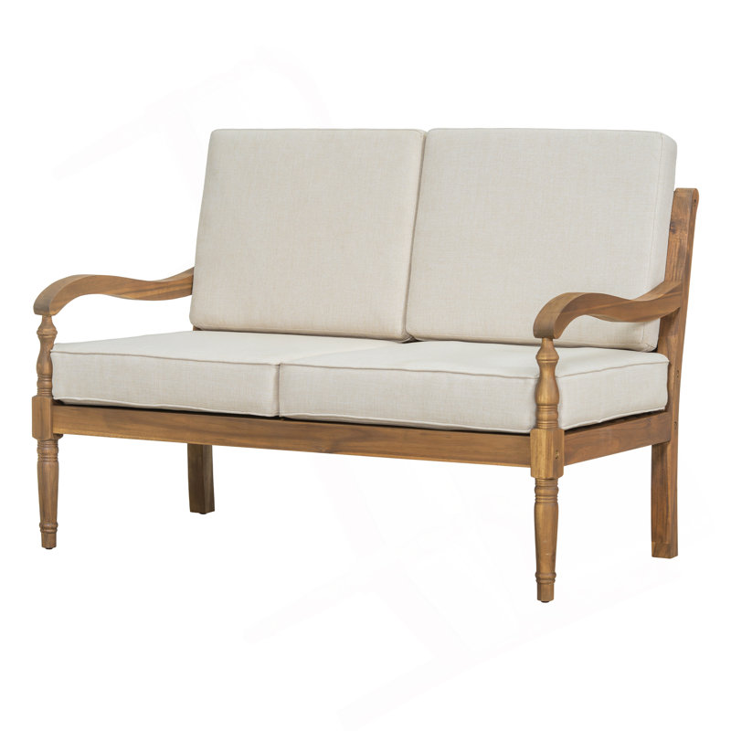 Causeuse d'extérieur en bois d'acacia avec coussins, finition naturelle avec tissu beige