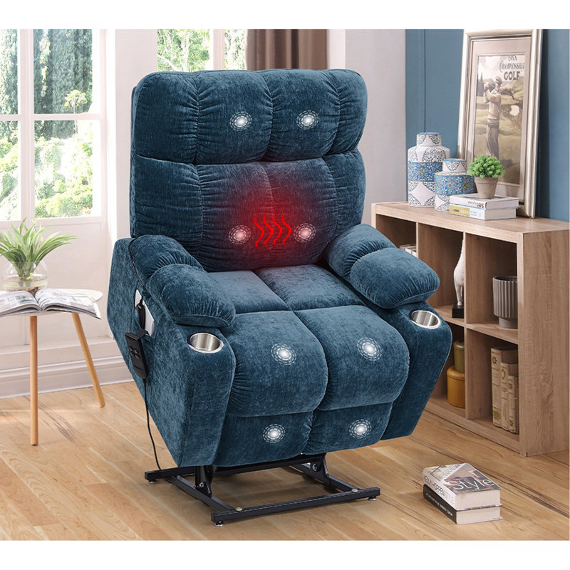 Fauteuil releveur électrique à double moteur Okin pour personnes âgées, inclinable à plat jusqu'à 180° avec fonction massage chauffant.