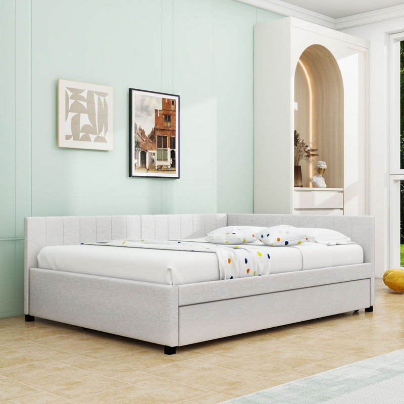 Yasmir Upholstered Sofa Daybed with Trundle, Beige, Full