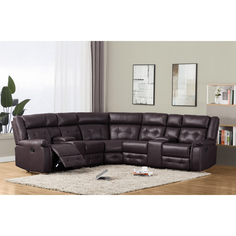 Hildick Faux Leather Reclining L-Shaped Sectional Symmetrical, Brown Faux Leather