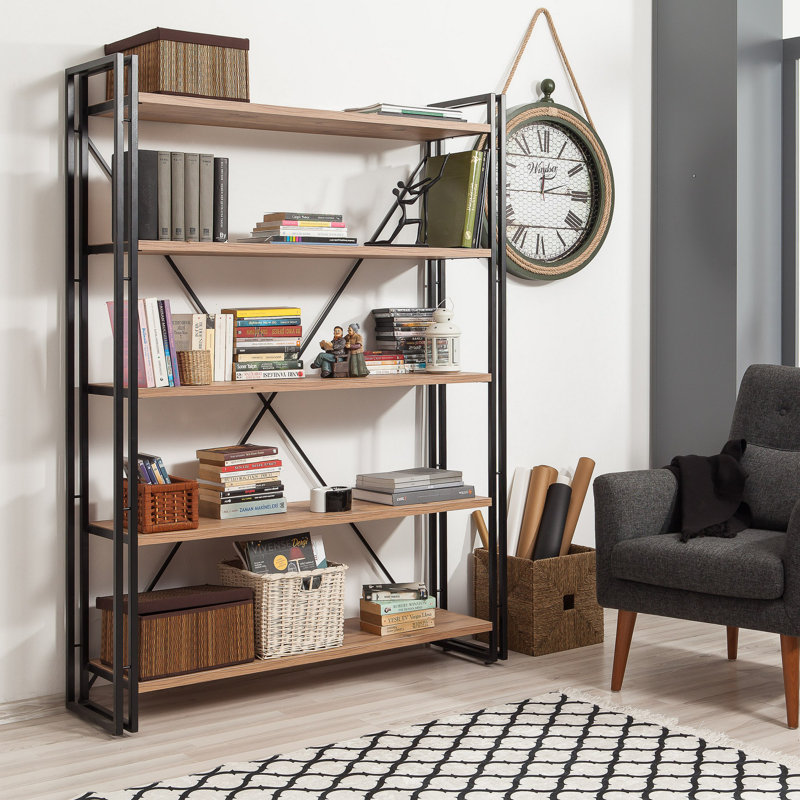 Bibliothèque industrielle avec structure en métal, pin atlantique et finition noire, 51,2 x 70,9 x 13,8 pouces | 100% panneau de particules enduit de mélamine, épaisseur de 0,7 po | Fixation murale, nombreuses tablettes, capacité de 77,2 lb