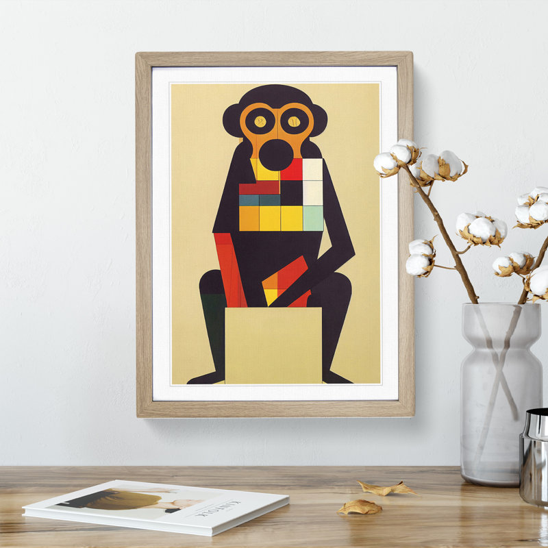 Monkey in Abstract No.1 - Wall Art, 34cm H x 25cm W x 2cm D, Oak Framed