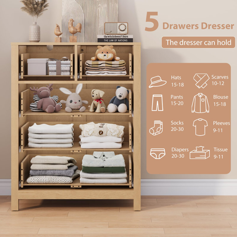 Tall 5 Drawer Dresser with Deep Drawers and Metal Knobs, Modern Wooden Chests of Drawers, Yellow
