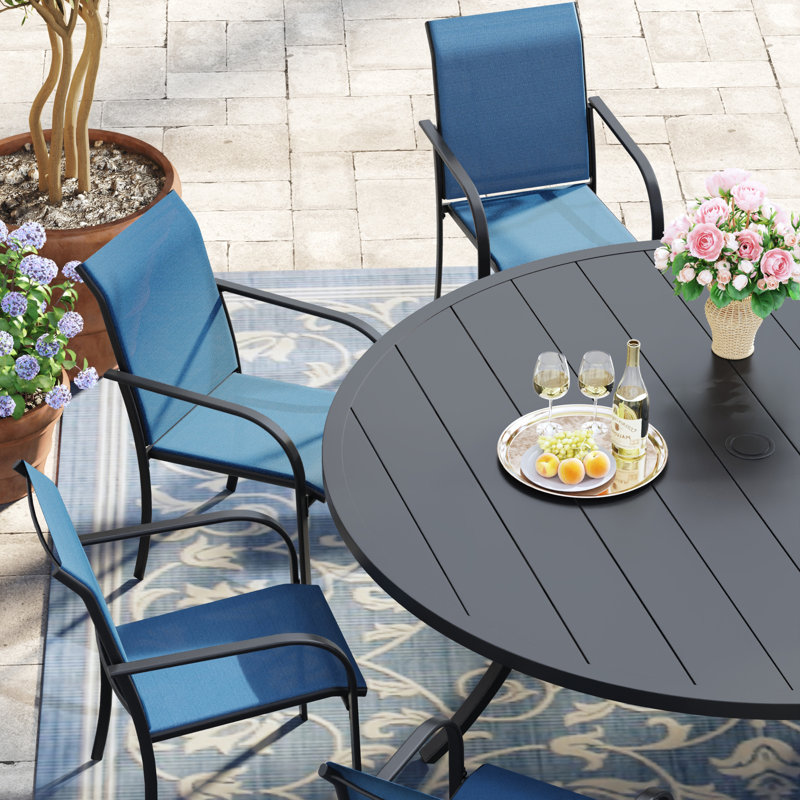 8-Person Round Patio Dining Set with 60" Dining Table and 8 Stackable PVC-coated polyester Chairs, Black/Blue
