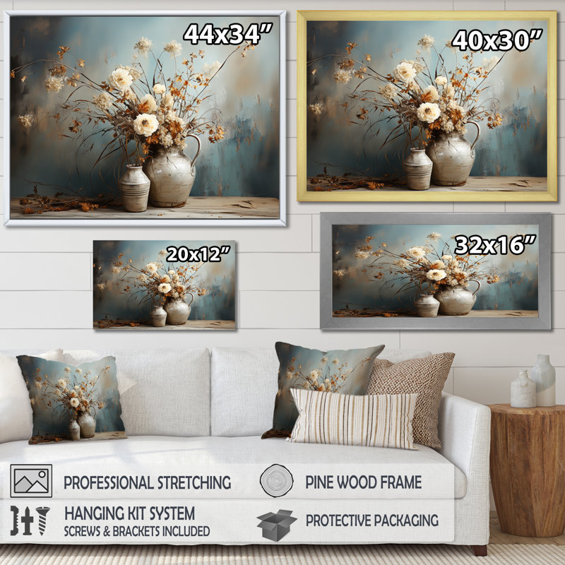 Floral, plante, bouquet, nature morte, vase, oasis, art mural pour salon, Cadre flottant doré, H 30 po x l 40 po x P 1,5 po