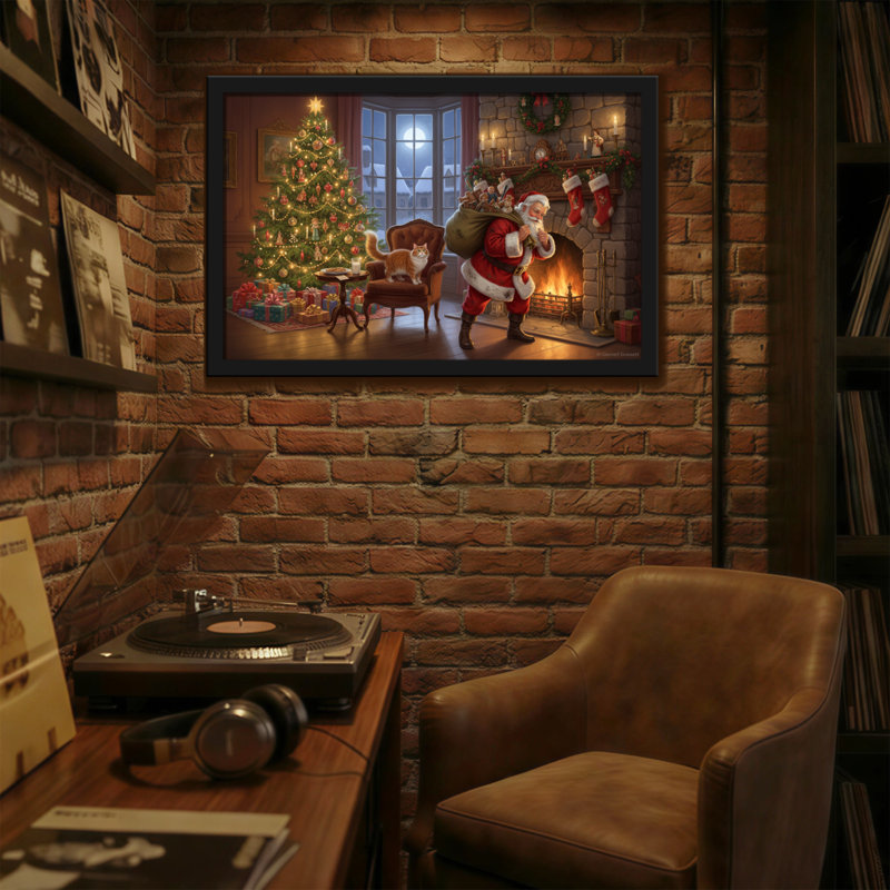 Noël, père Noël, arbre de Noël, cheminée, cadeaux de chat, scène d'hiver, H 24 po x l 36 po
