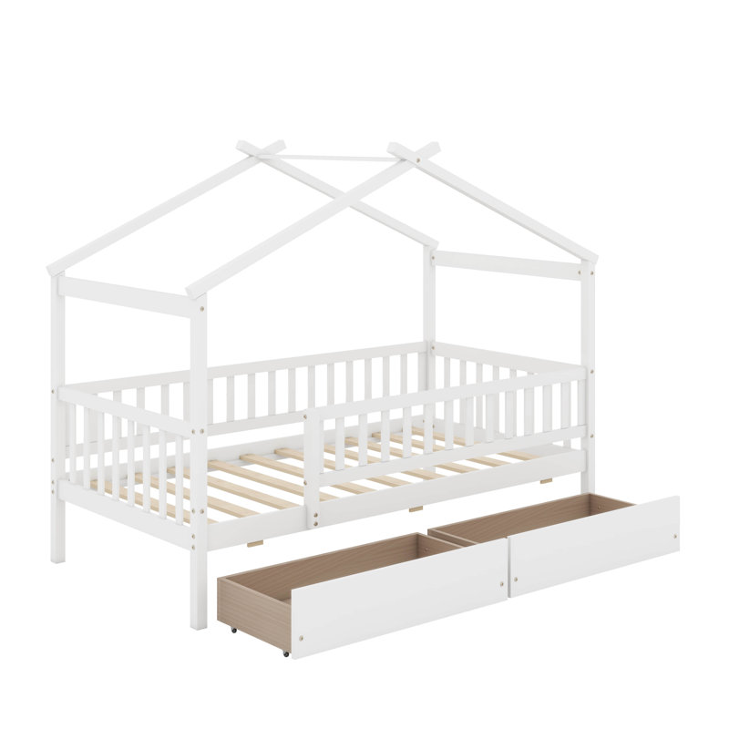 Lit simple en bois avec tiroirs, Blanc