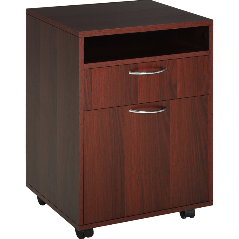 Printer Stand And Mobile Brown Storage Cabinet Organizer With Drawer, Ample Space For Office Accessories, 4 Omnidirectional Wheels Mobility, Fits Under Desk, Frame Construction