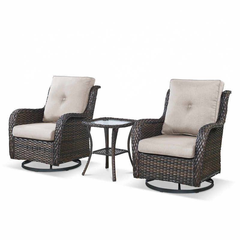 Chaises berçantes pivotantes pour l'extérieur, ensemble de patio en osier 3 pièces avec coussins épaissis, dossier haut, sièges profonds, accoudoirs larges, chaises pivotantes d'extérieur pour porche, terrasse