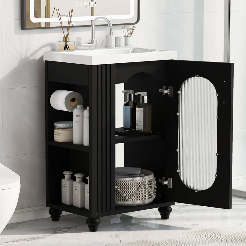 Meuble-lavabo de 20 po avec lavabo, meuble-lavabo avec tablette à deux niveaux, tablette réglable, bois massif et panneau de fibres à densité moyenne