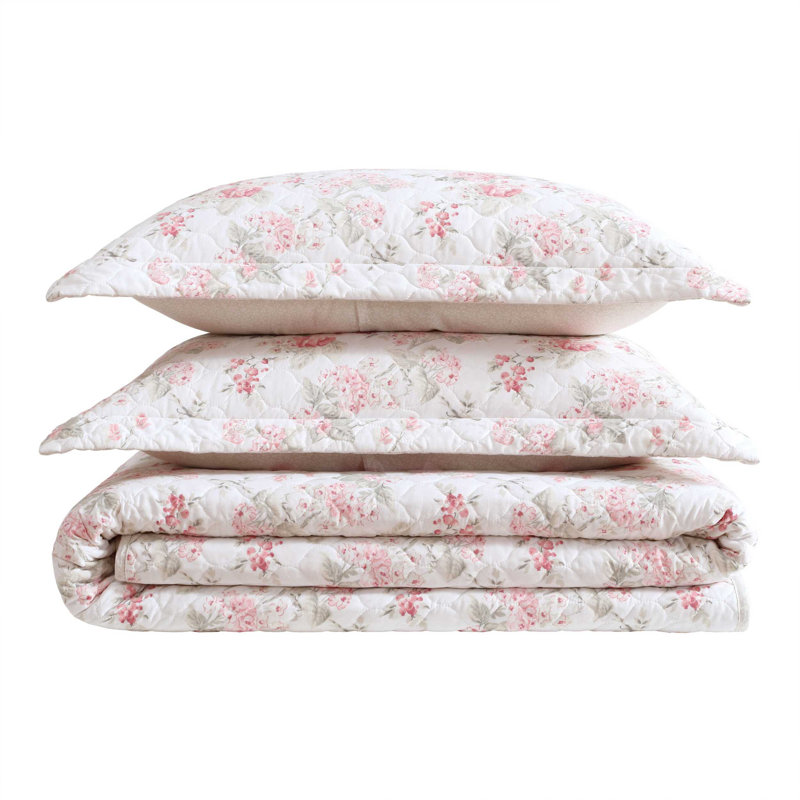 Laura Ashley Rosemoore Green Cotton Reversible Quilt Set, Queen Quilt + 2 Standard Shams