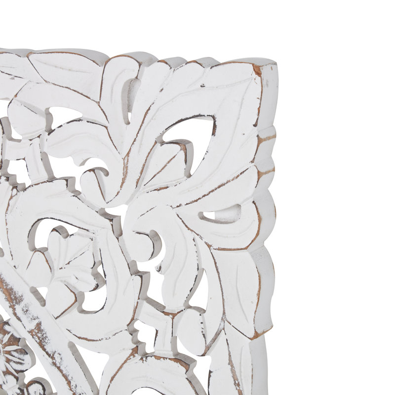White Wooden Floral Handmade Intricately Carved Home Wall Decor with Mandala Design, 36" x 2" x 36"