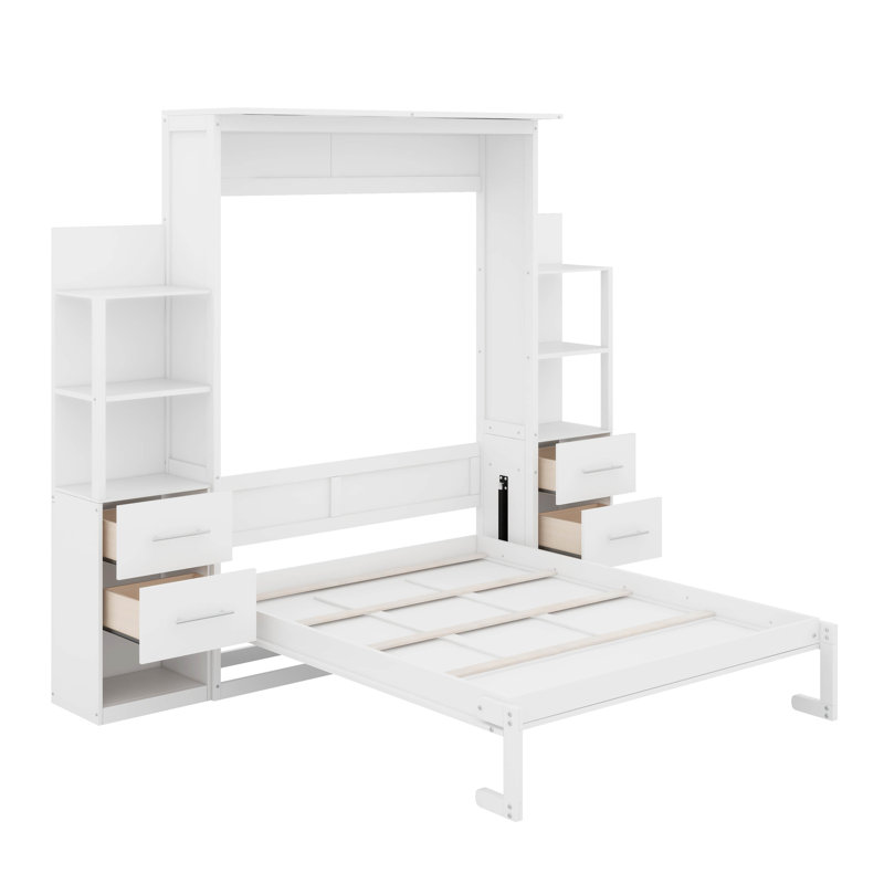Grand lit escamotable mural avec tiroirs, tablettes et DEL, Blanc