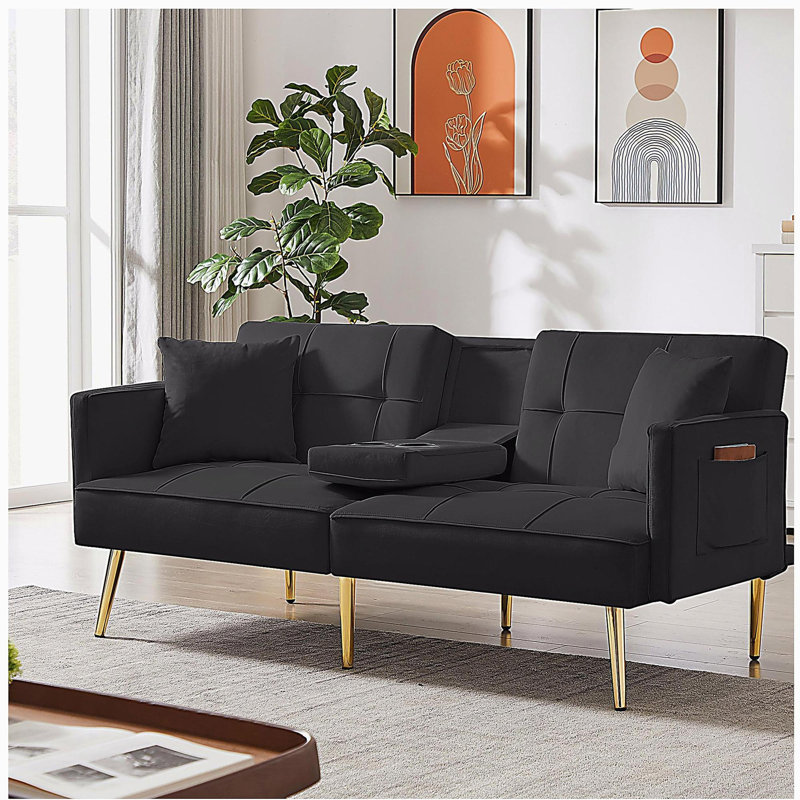 Canapé-lit futon en velours noir avec pieds en métal doré, Noir