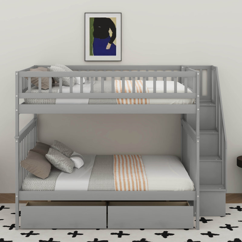 Full Over Full Bunk Bed With Drawers, Gray