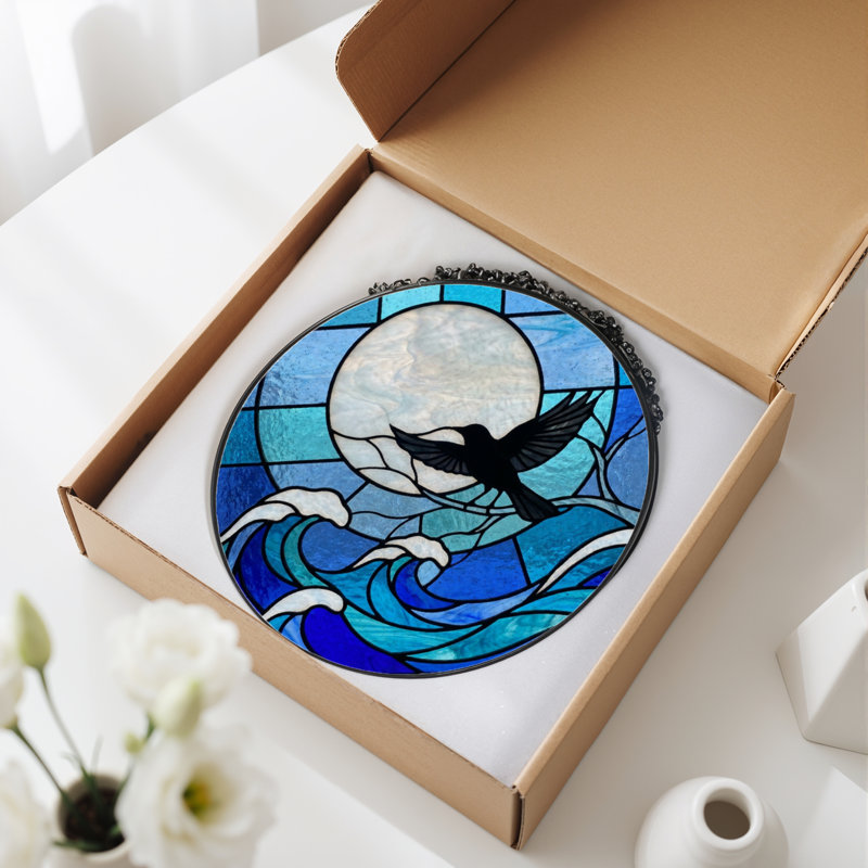 7.8"H Moon Bird Stained Glass Window Panel, 7.8" H x 7.8" W
