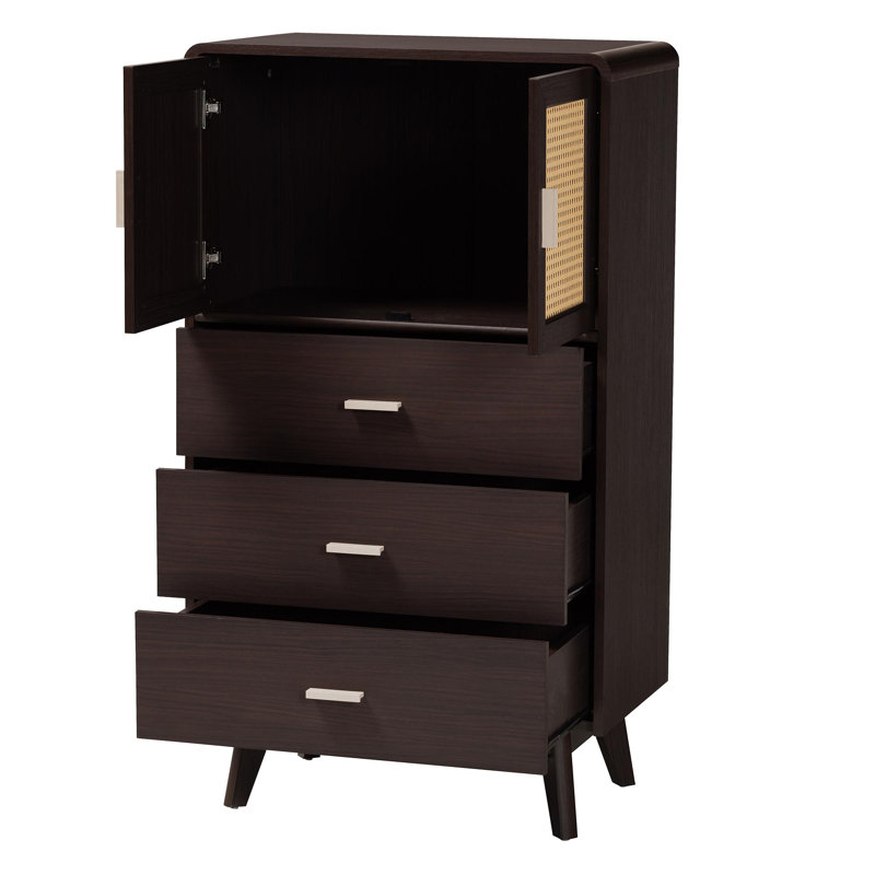 Giancarlo Espresso Brown 3-Drawer Wood Storage Chest with Rattan Doors