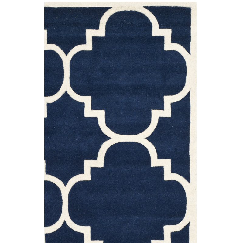 Carolene Geometric Handmade Tufted Wool Dark Blue/Ivory Area Rug, Square 5'