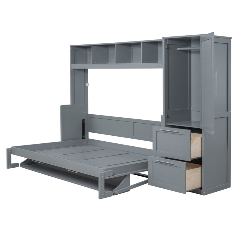 Lit escamotable double pleine grandeur avec placard et tiroirs, gris