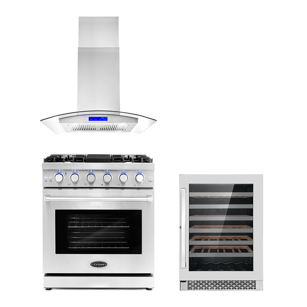 Cosmo 3 Piece Kitchen Appliance Package with 30'' Gas Freestanding Range , Island Range Hood , and Wine Refrigerator Cosmo
